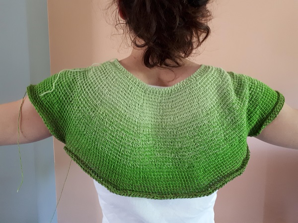 Céleste, my Tunisian crochet top down garment, in progress