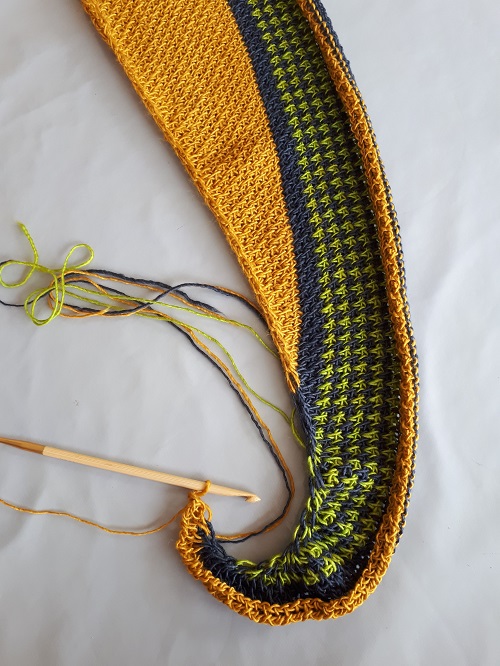 Tunisian crochet wip with Branwen 4-Ply Triskelion Yarn