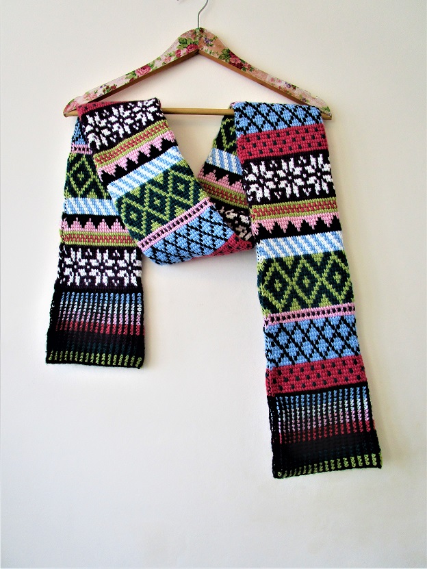 Tunisian Fair Isle scarf, design by Hayley Joanne Robinson