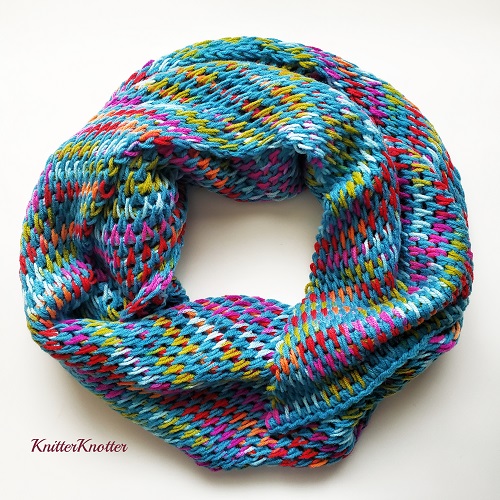 Tunisian crochet Turquoise Fiesta shawl, design by KnitterKnotter