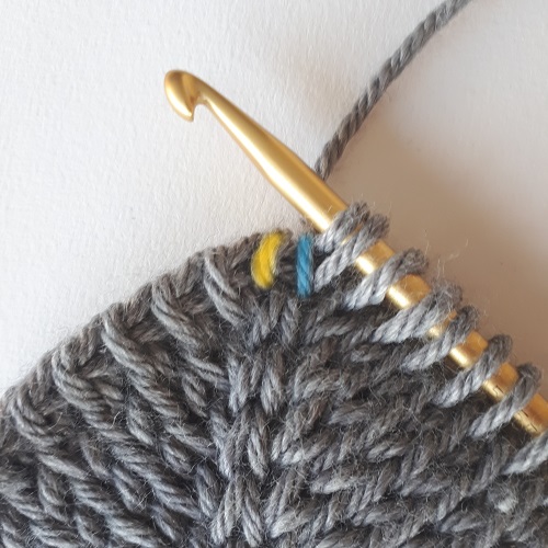Double increase - make a Tunisian simple stitch into that same stitch in blue