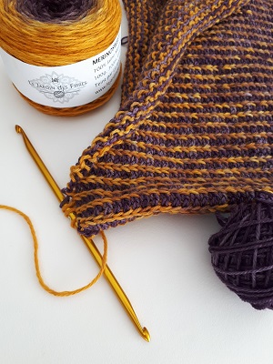 Tunisian rib stitch with a double-ended hook in 2 contrasting colors